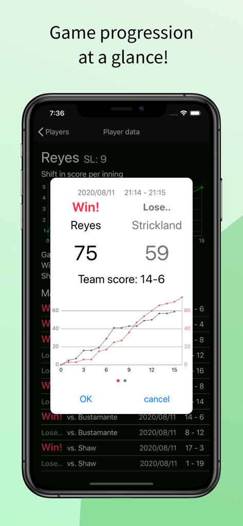 Pool Scoreboard app showing a match summary and game progression graph for APA 9 ball
