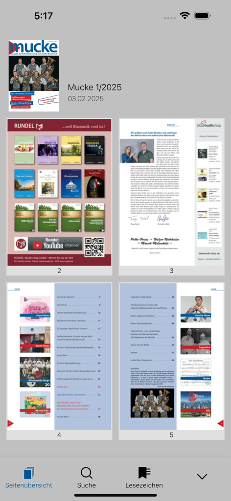 Mucke - Interface of the Mucke app displaying multiple pages of a brass music magazine