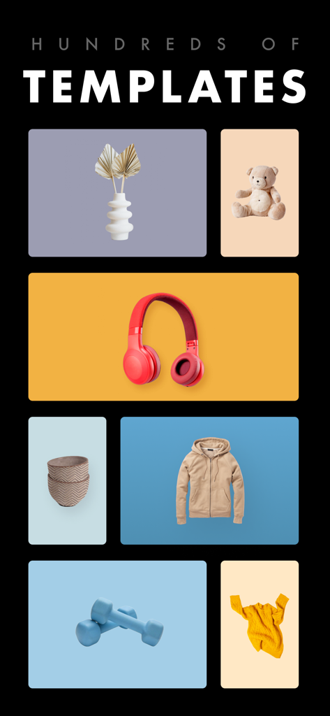 Remove Bg - Background Eraser - Una cuadrícula de fotos de productos en varias plantillas de fondo de colores para la venta en línea.