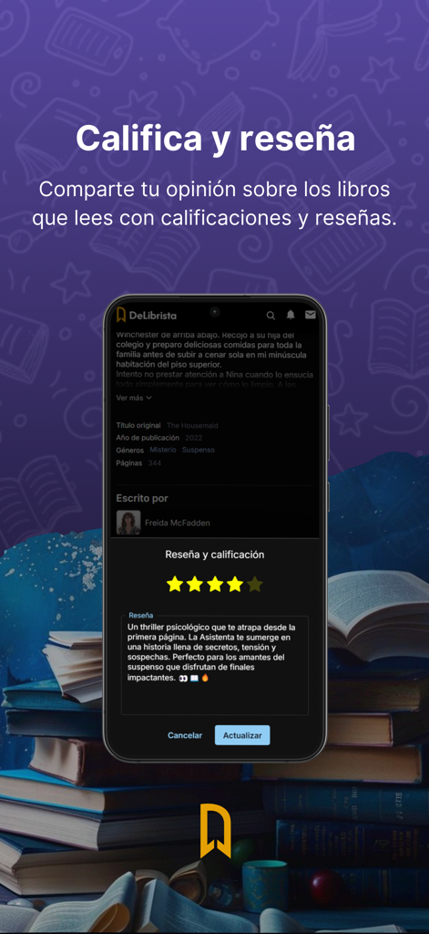 DeLibrista - DeLibrista app interface showing how to rate and review Spanish-language books with a star rating and text description.