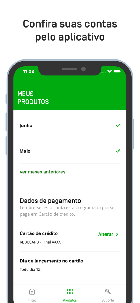 Oi_e - Mobile interface of the Oi_e app showing monthly bill history and payment options
