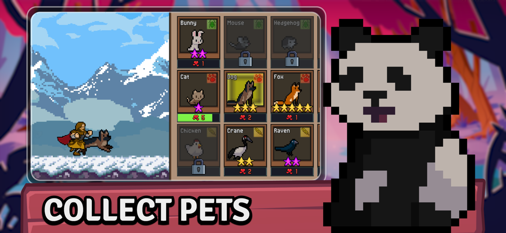 Tap Ninja - Idle Game - Pixel art interface of Tap Ninja showing a collection of unlockable pets and a large panda character