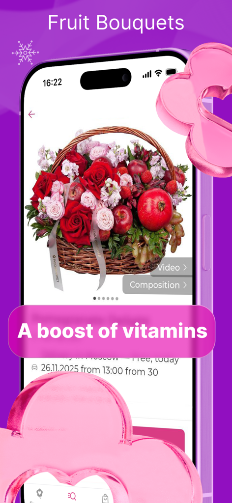 Worldwide Flowers: Flower Shop - Mobile app interface for Worldwide Flowers showing a decorative basket filled with red roses and fresh fruits