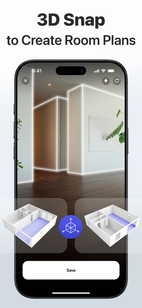 3D Snap app interface showing a room scan and generated 3D floor plans on an iPhone.