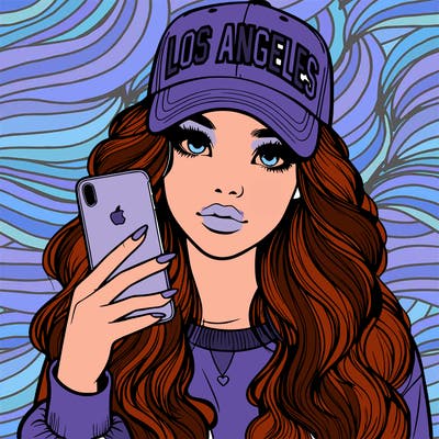 realistic beautiful girl wearing los ángeles cap holding an iphone