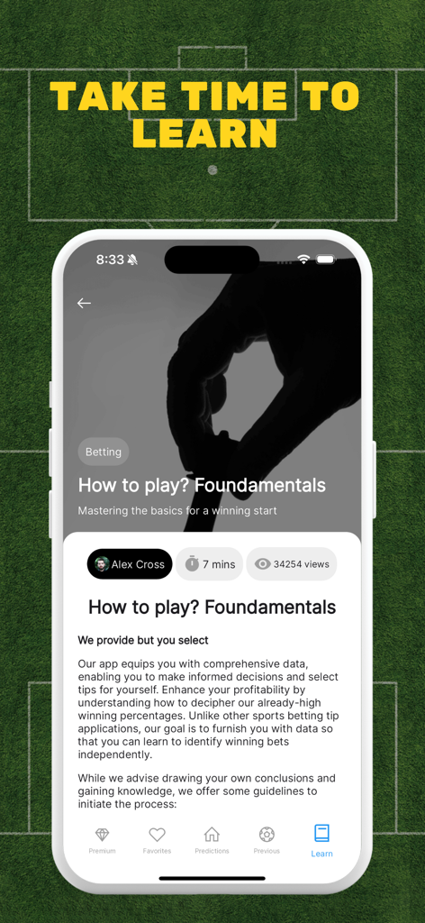 WIN Soccer Betting Tips - ベッティングの基本を教えるWIN サッカーベッティングのヒントアプリの教育画面。