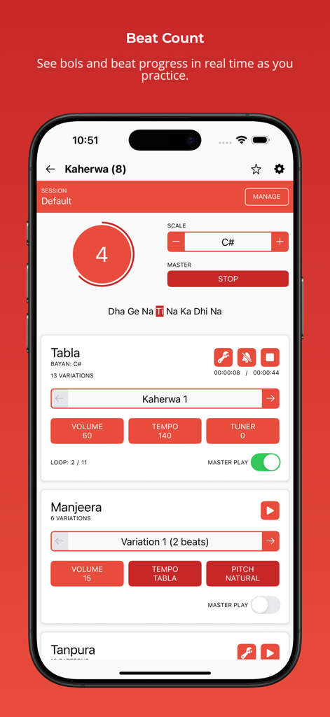 Rhythm with Tabla and Tanpura app interface showing a digital beat counter and rhythmic tabla syllables for practice