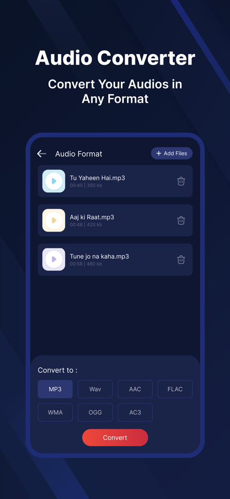 MP3 Converter & MP3 Cutter - A mobile app screen showing a list of audio files and various output format options such as MP3 WAV and AAC for conversion.