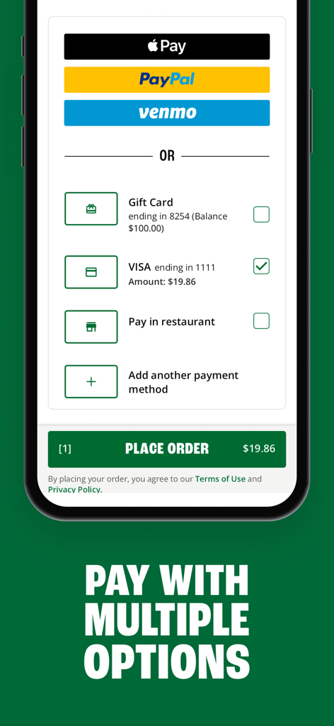 Wingstop mobile app checkout screen featuring multiple payment methods including Apple Pay, PayPal, Venmo, and credit cards.