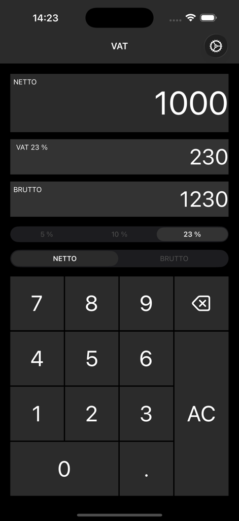 VAT calculatorモバイルアプリ画面、純額、総額、税額を表示