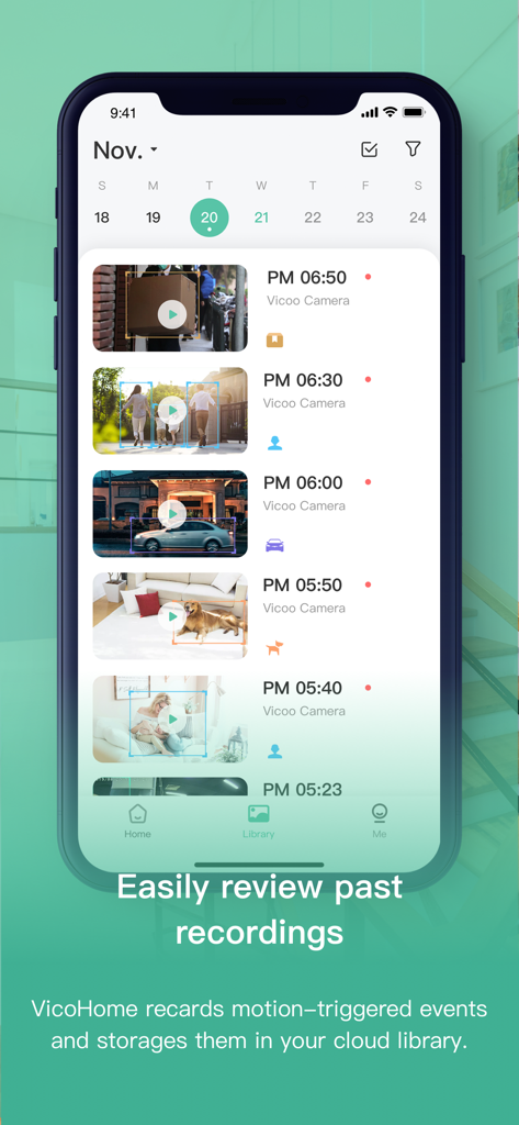 Interface de l'application VicoHome montrant une chronologie des enregistrements vidéo déclenchés par le mouvement d'une caméra de maison intelligente