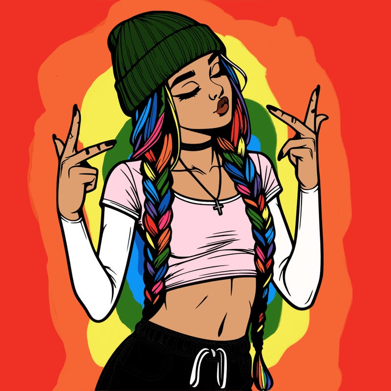 realistic teenage girl with braids and a beanie and crop top doing 🫶🏼