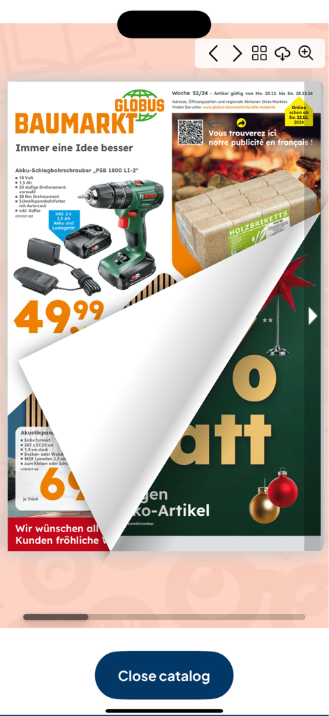 Woodee - Mobile app interface showing a digital catalog for a hardware store with a page turning effect