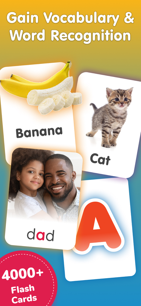 Books For Kids: Reading & Math - Tarjetas de vocabulario educativo para niños que muestran reconocimiento de palabras con imágenes de un plátano, un gato y un papá.