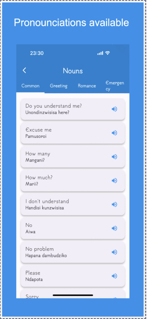 Learn Shona - A screenshot of the Learn Shona app showing a list of common phrases with English translations and audio icons for pronunciation.