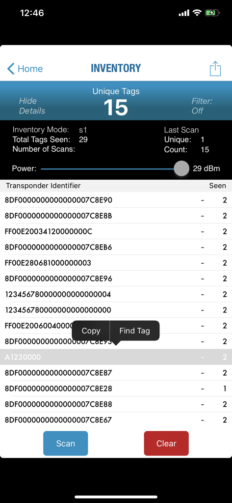 RFID Explorer - Inventur-Bildschirm der RFID Explorer App, der eine Liste der gescannten Transponder-IDs anzeigt