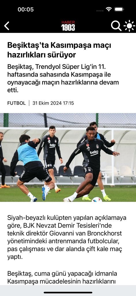 Haber1903 VIP 앱에서 Beşiktaş 축구팀 훈련 세션에 대한 뉴스 기사