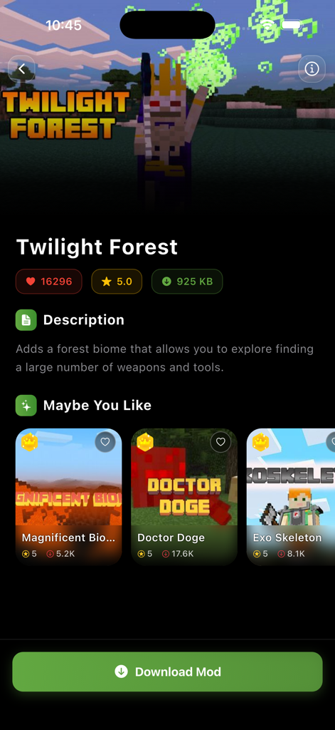 MCPE Skins & Addons - Details page for Twilight Forest mod showing description and download button in MCPE Skins and Addons app