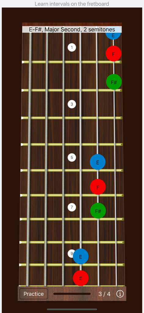Guitar Interval Ear Trainer - Guitar fretboard displaying a Major Second interval visualization for ear training practice