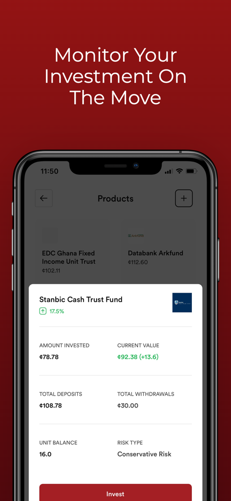 Plus: Invest - Pantalla móvil de la aplicación Plus Invest que muestra el rendimiento detallado de la inversión para un Fondo de Efectivo Stanbic