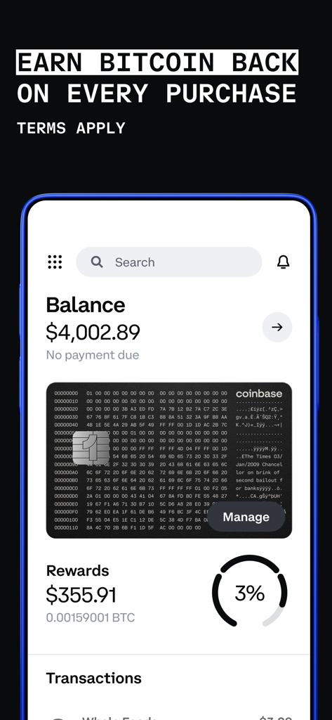 Coinbase: Buy BTC, ETH, SOL - Interfaz de la aplicación Coinbase que muestra el panel de recompensas de bitcoin y la gestión de la tarjeta cripto