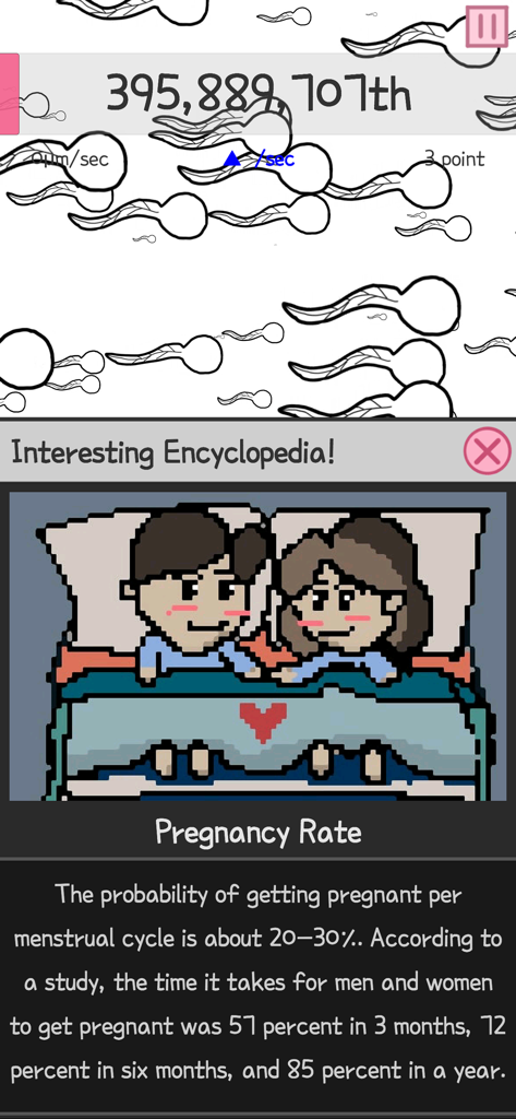 Spermie Dash game screen showing sperm racing and an educational pop up about pregnancy rates