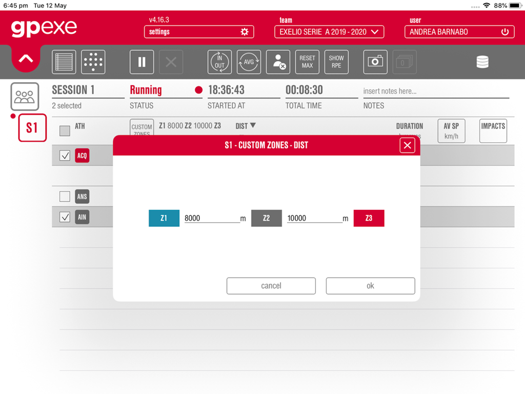 gpexe live - Interface for setting custom distance zones for athletes in the gpexe live iPad app