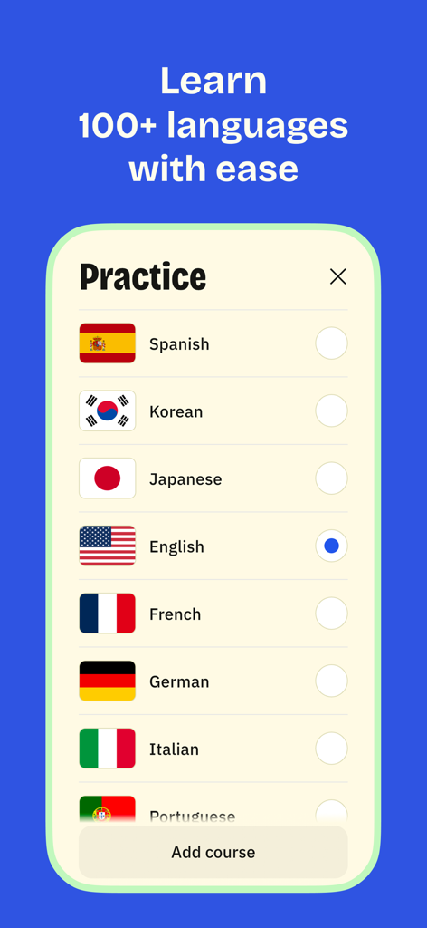 Karteto: Vocabulary Flashcards - Karteto app interface showing a selection of over 100 languages to learn including Spanish Korean and Japanese