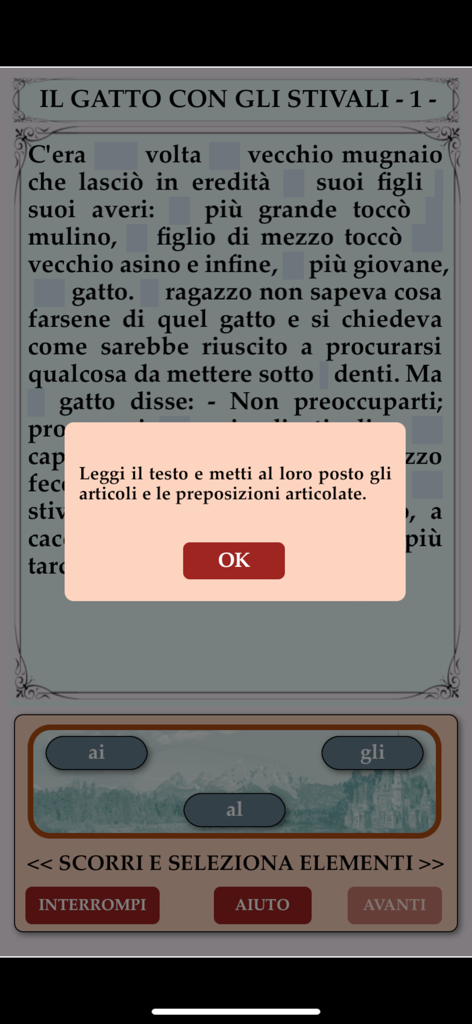 Quante Storie! - Ejercicio de gramática italiana que utiliza el cuento de El Gato con Botas con opciones de completar el espacio en blanco para artículos y preposiciones