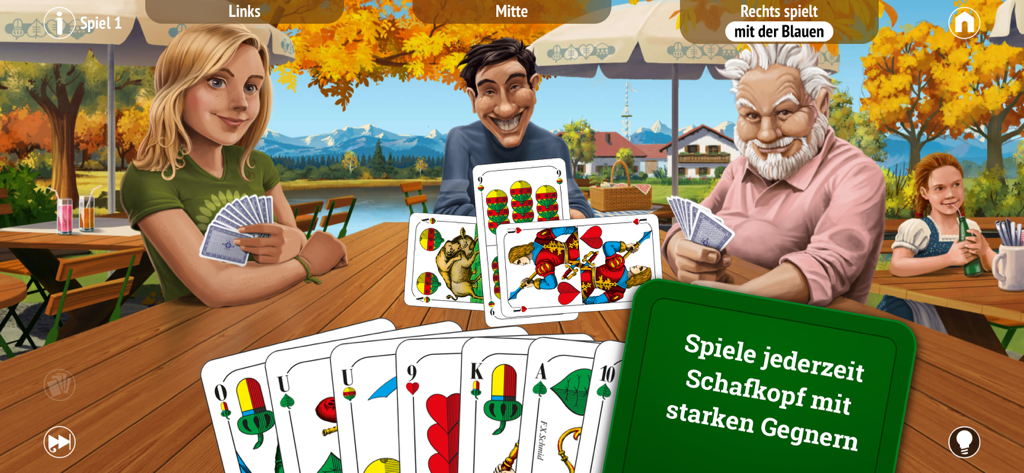 Schafkopf - Una interfaz digital del juego Schafkopf que muestra cartas bávaras tradicionales y tres oponentes caricaturizados en una mesa de madera al aire libre.