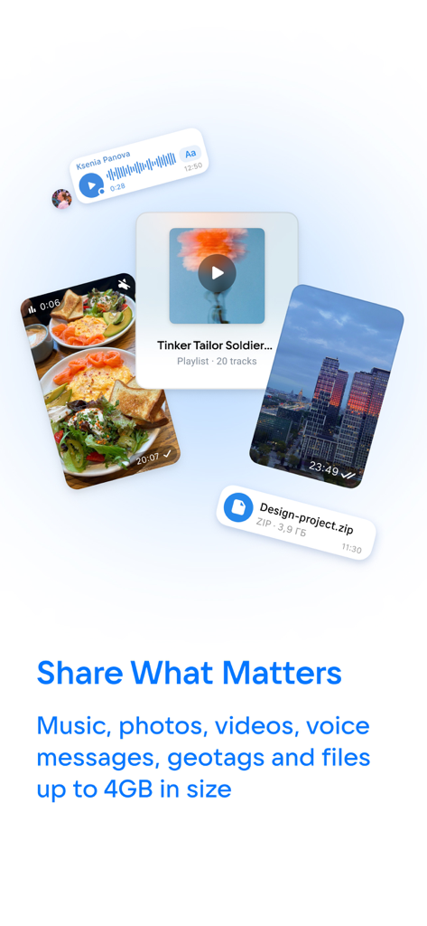 Funzionalità di VK Messenger per la condivisione di musica, foto e file fino a 4 GB