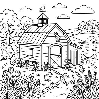 Bring the joy of springtime to life with this charming small barn coloring page designed especially for kids. Discover playful lambs, blooming flowers, and a cozy farm scene perfect for a creative coloring adventure.