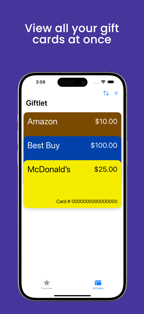 Interface do aplicativo Giftlet mostrando uma lista de cartões-presente armazenados com saldos para Amazon, Best Buy e McDonald's