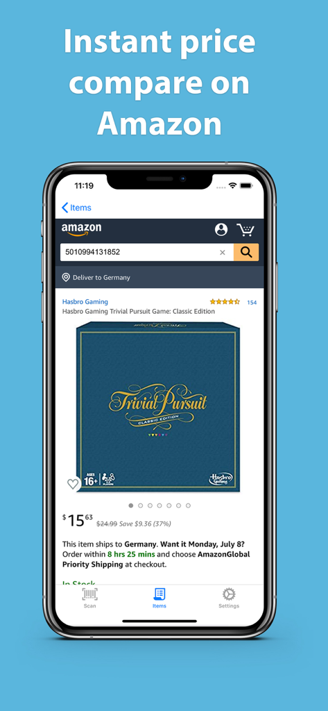 Telefono cellulare che mostra un confronto dei prezzi dei prodotti su Amazon per un gioco da tavolo