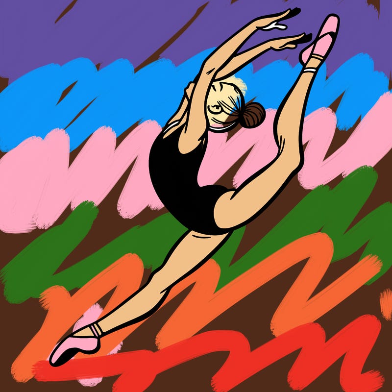 gymnast doing a leap in a leotard with a bent back leg