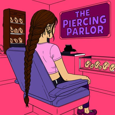 teen girl sitting in chair, with lot of earrings, at a piercing store, wearing a crop top with belly button piercing, and long long hair in a braid