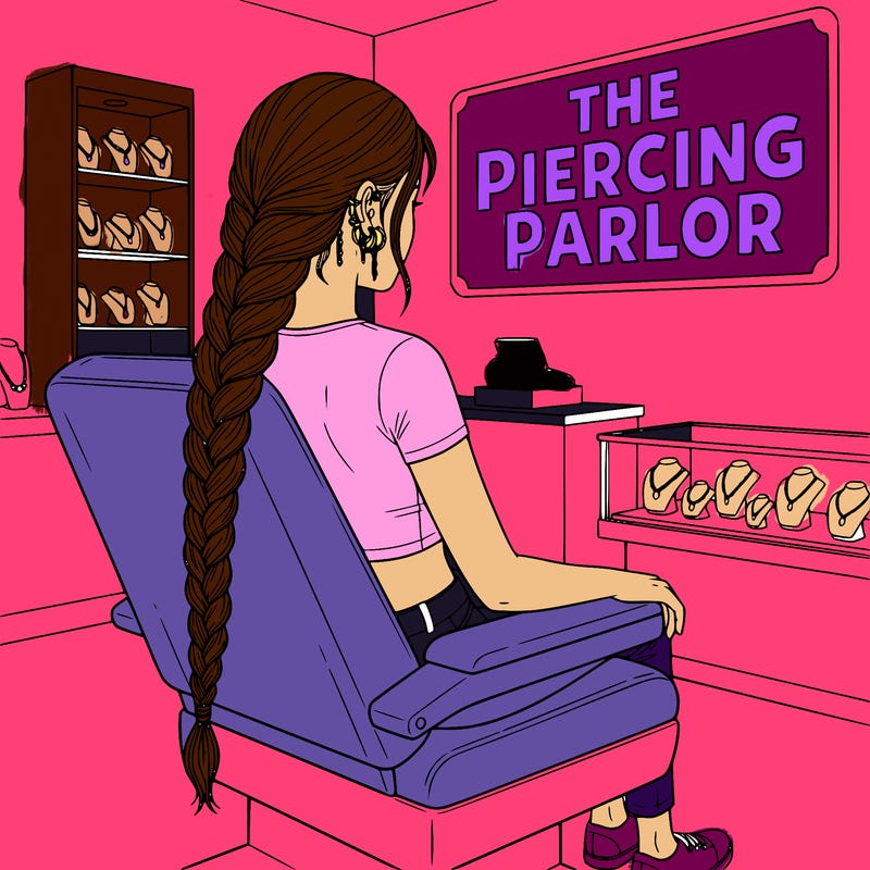 teen girl sitting in chair, with lot of earrings, at a piercing store, wearing a crop top with belly button piercing, and long long hair in a braid