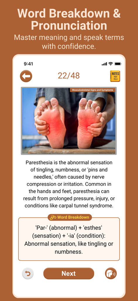 Medical Findings app interface showing the word breakdown and definition for the term Paresthesia