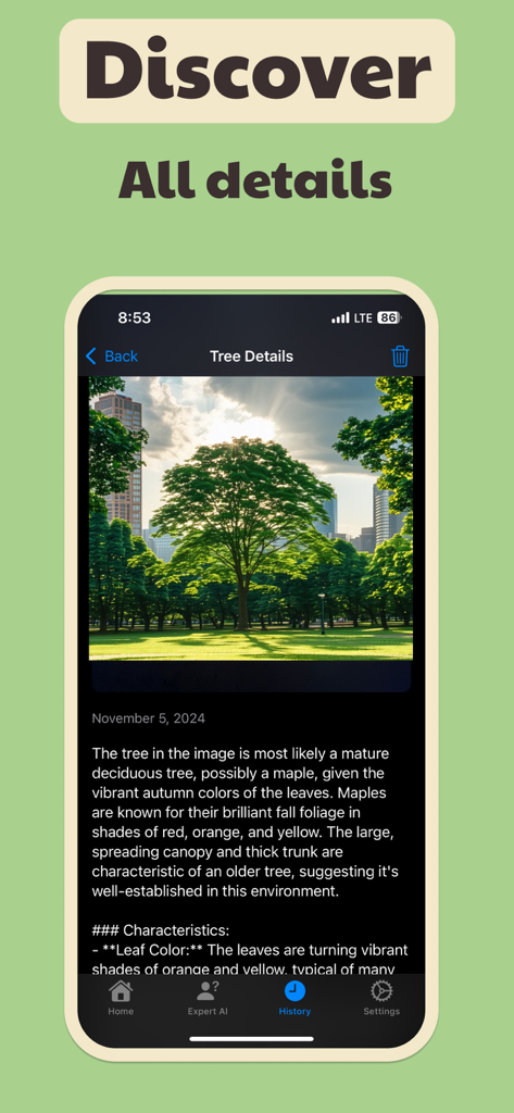 Tree Identifier・Nature Scanner - App interface showing detailed identification results for a mature deciduous tree