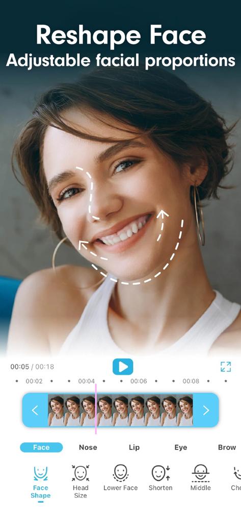 KI-Gesichtsformung und Werkzeug für Gesichtsproportionen im YouCam Video Editor