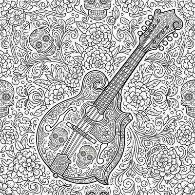 Immerse yourself in the festive spirit of Day of the Dead with this beautifully intricate mandolin coloring page. Adorned with traditional sugar skulls and vibrant marigolds, it offers a captivating artistic challenge.