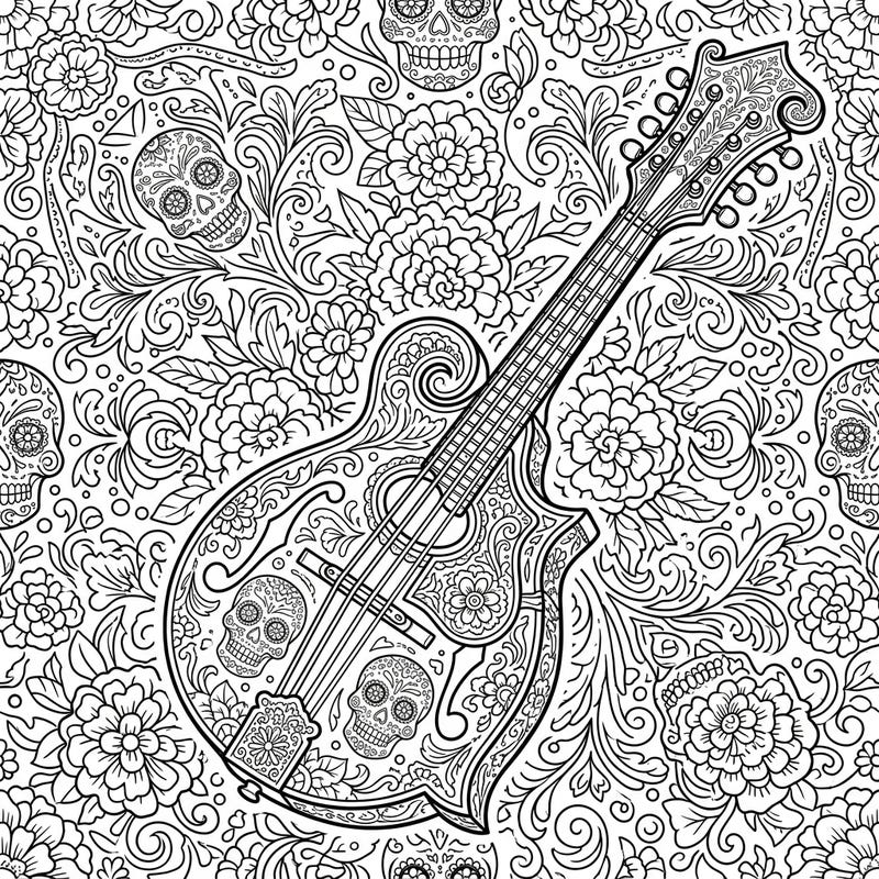 Immerse yourself in the festive spirit of Day of the Dead with this beautifully intricate mandolin coloring page. Adorned with traditional sugar skulls and vibrant marigolds, it offers a captivating artistic challenge.