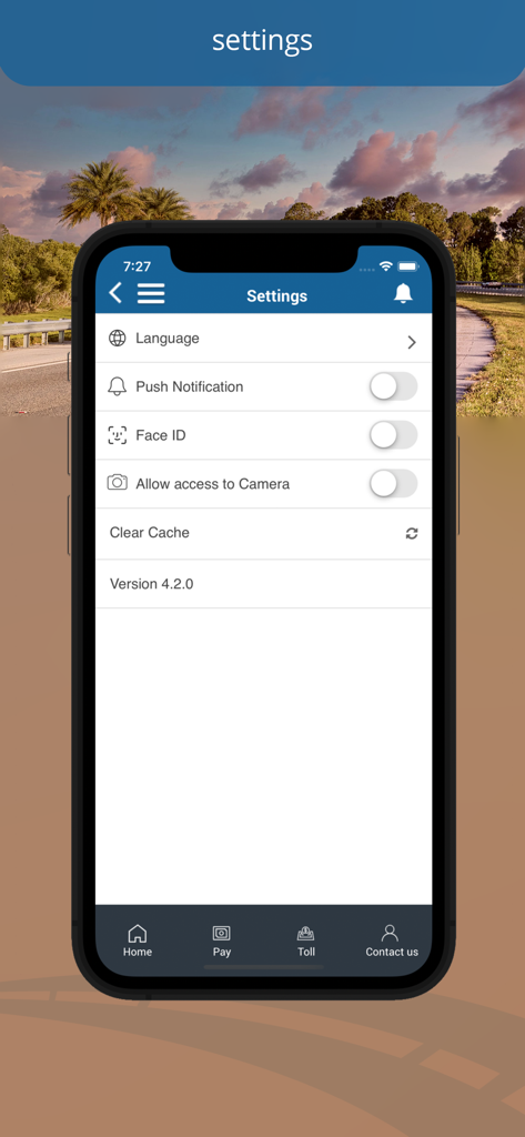 Settings menu of the SunPass mobile app showing options for notifications language and Face ID