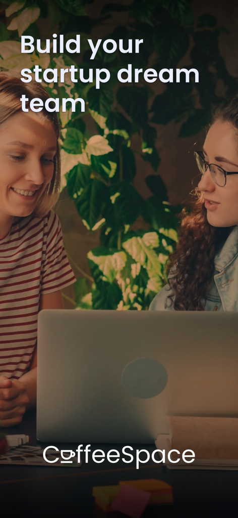 CoffeeSpace: Connect & Build - Two founders collaborating on a laptop with the headline Build your startup dream team