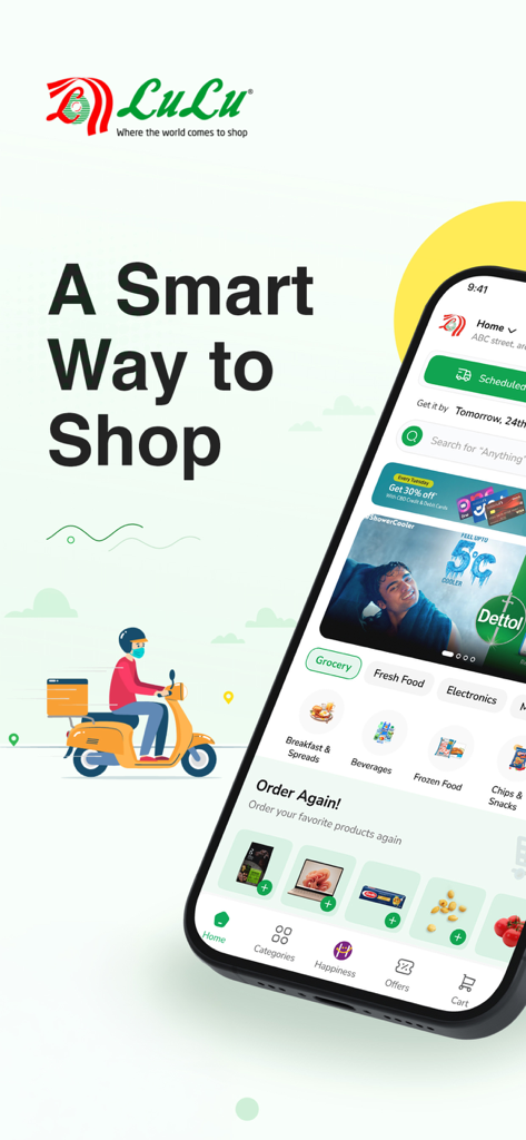 LuLu Online mobile app home screen showing grocery categories and a delivery service illustration