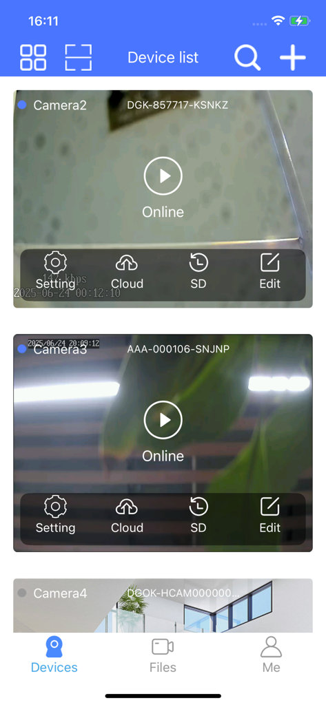Interface de l'application VI365 affichant une liste de caméras de sécurité connectées avec des vignettes de prévisualisation en direct.