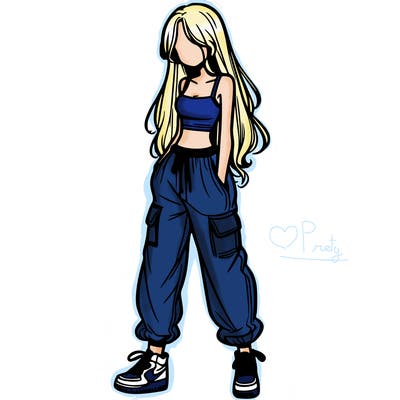 girl in baggy pants crop top and long hair