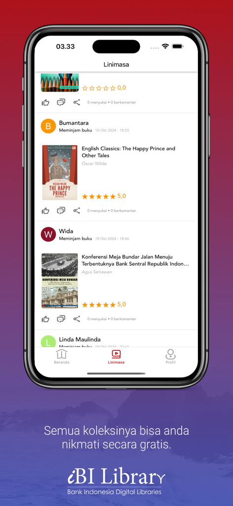 iBI Library - Screenshot of the iBI Library app social feed showing user book borrowings and ratings.