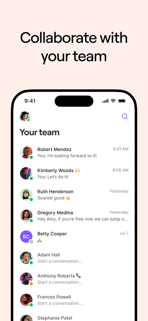 Quo app team collaboration screen showing team member chat history