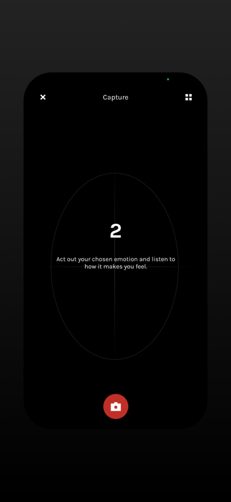 Emosee - Emosee app capture interface showing a face guide and countdown for expressing an emotion